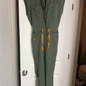 Figs Forest Green Jumpsuit with Bright Orange Ties